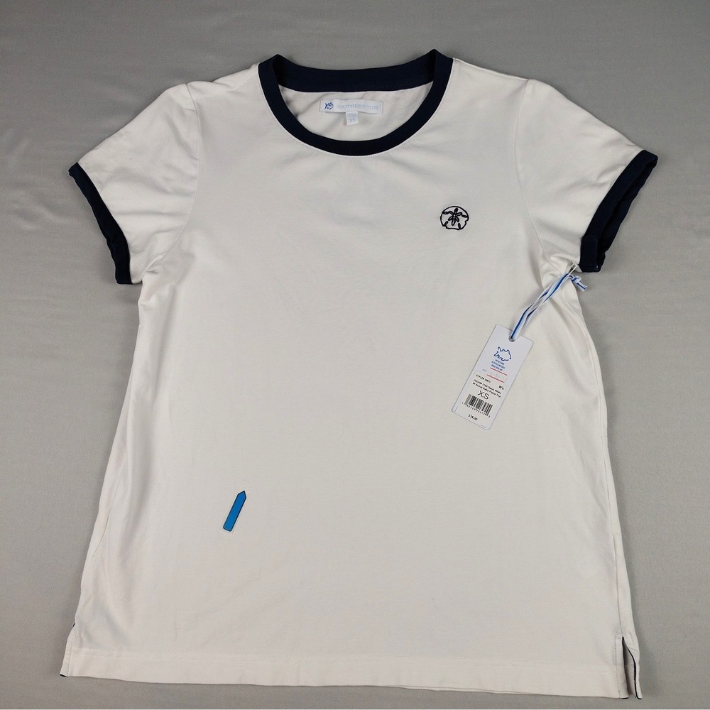 New Southern Tide T Shirt Women's XS White Navy Ringer Reece Baby Pique Top